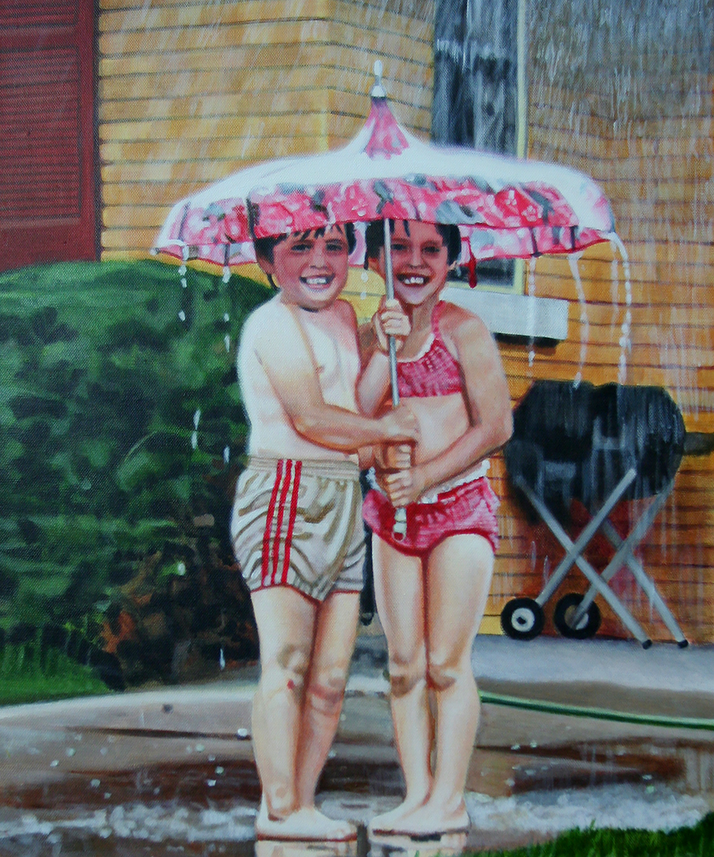 2 kids under umbrella painting by LJ Lindhurst
