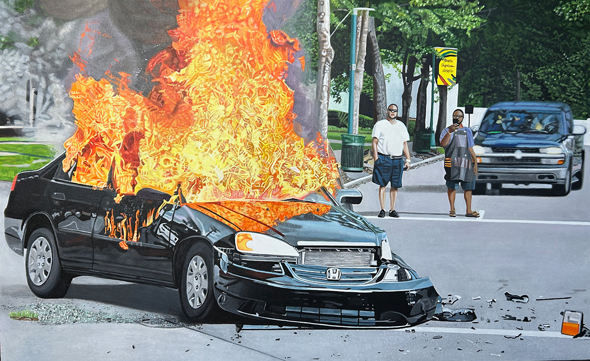Car Fire acrylic painting by LJ Lindhurst
